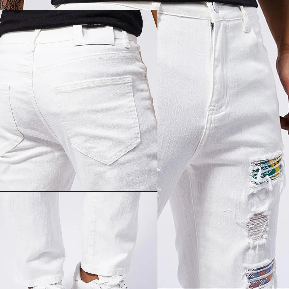 Jeans Pants for Men's 2025 Fashion Solid Color Ripped Denim Cargo Trouser Stretch Slim Fit Comfy Sweatpant