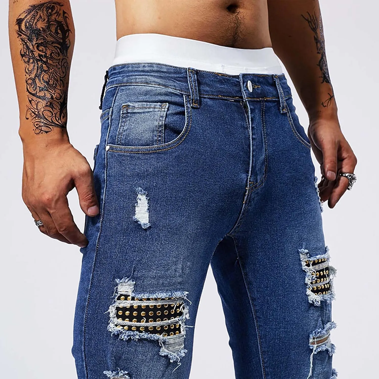 Jeans Pants for Men's 2025 Fashion Solid Color Ripped Denim Cargo Trouser Stretch Slim Fit Comfy Sweatpant