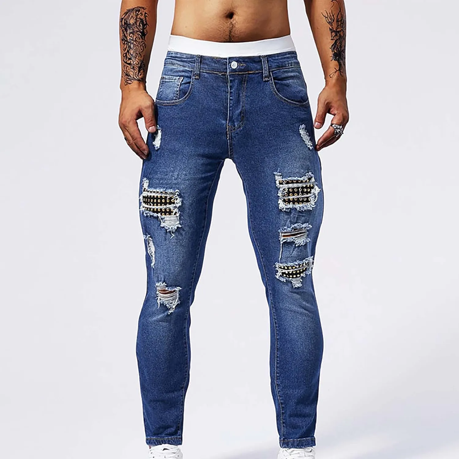 Jeans Pants for Men's 2025 Fashion Solid Color Ripped Denim Cargo Trouser Stretch Slim Fit Comfy Sweatpant