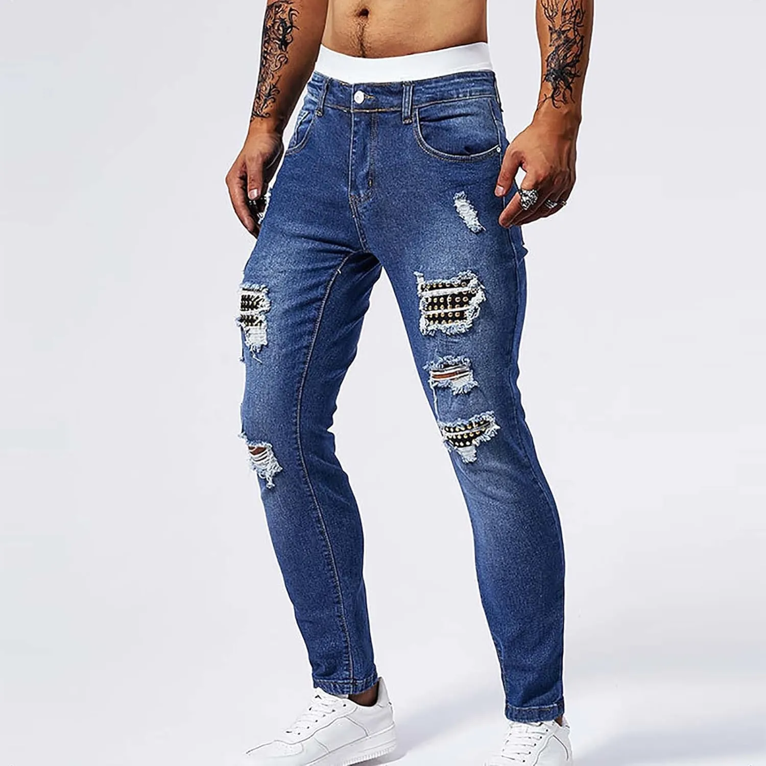 Jeans Pants for Men's 2025 Fashion Solid Color Ripped Denim Cargo Trouser Stretch Slim Fit Comfy Sweatpant