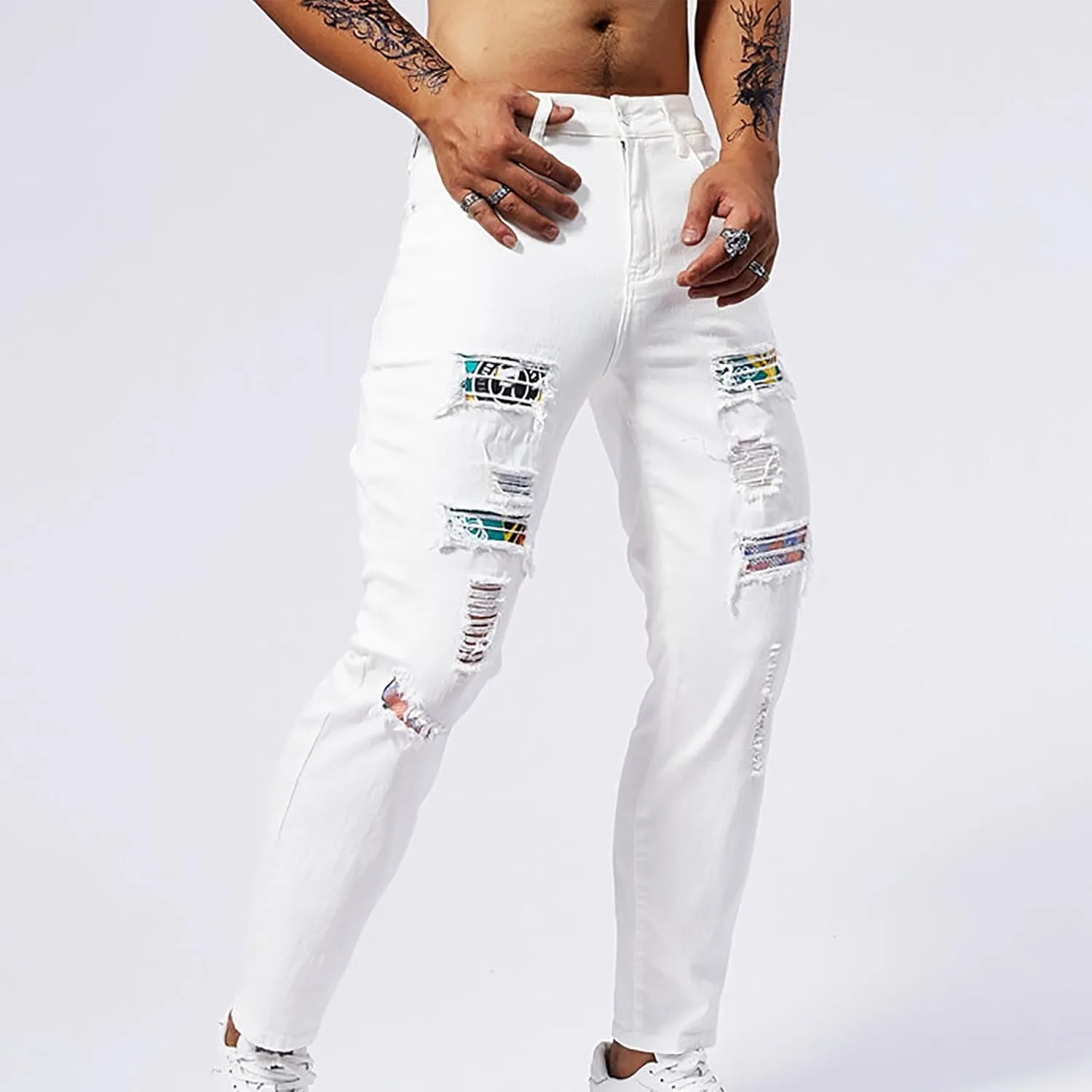 Jeans Pants for Men's 2025 Fashion Solid Color Ripped Denim Cargo Trouser Stretch Slim Fit Comfy Sweatpant