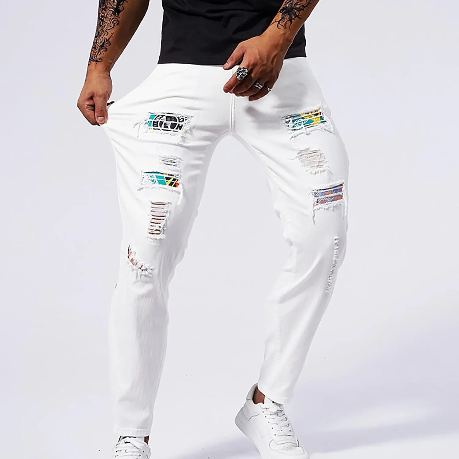 Jeans Pants for Men's 2025 Fashion Solid Color Ripped Denim Cargo Trouser Stretch Slim Fit Comfy Sweatpant