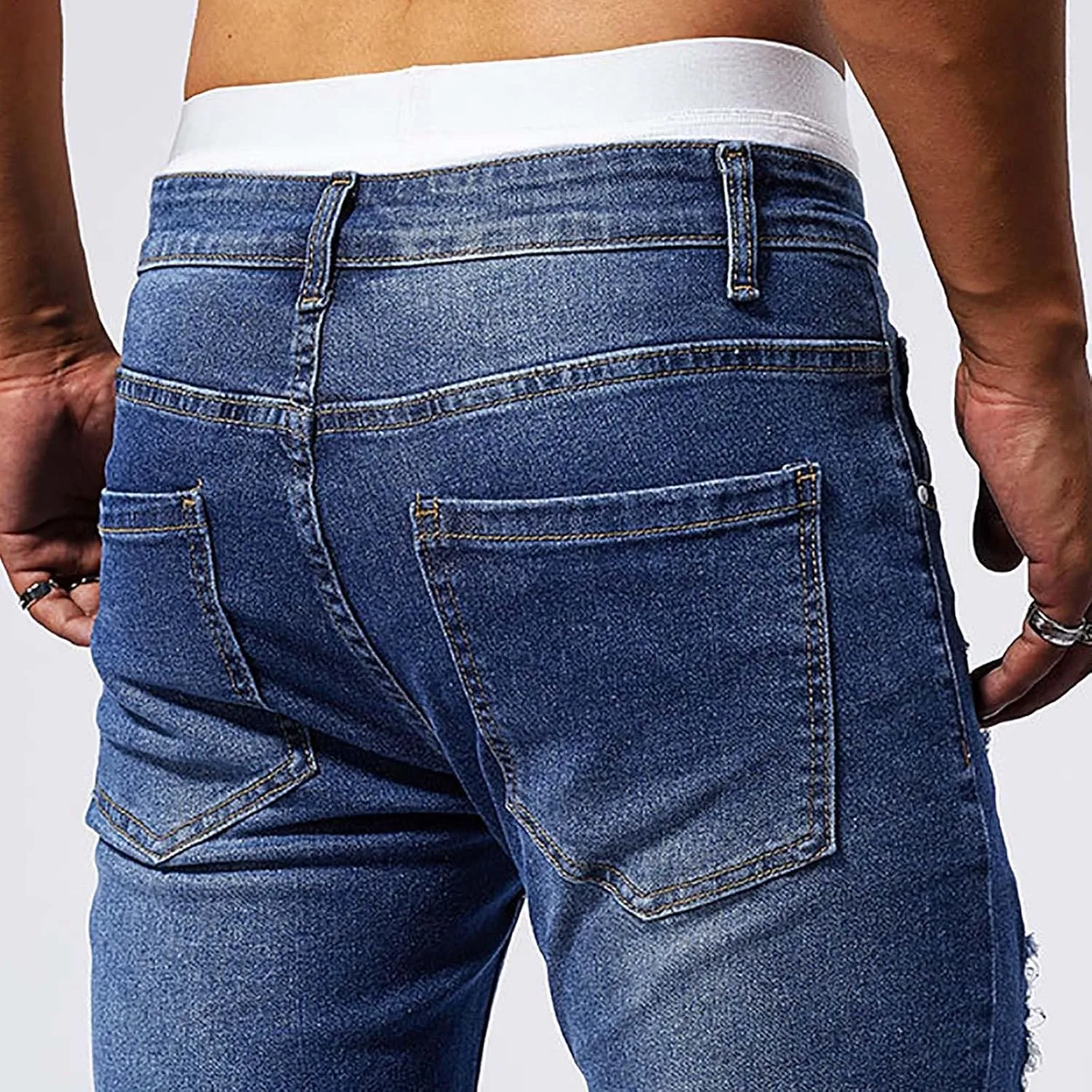 Jeans Pants for Men's 2025 Fashion Solid Color Ripped Denim Cargo Trouser Stretch Slim Fit Comfy Sweatpant