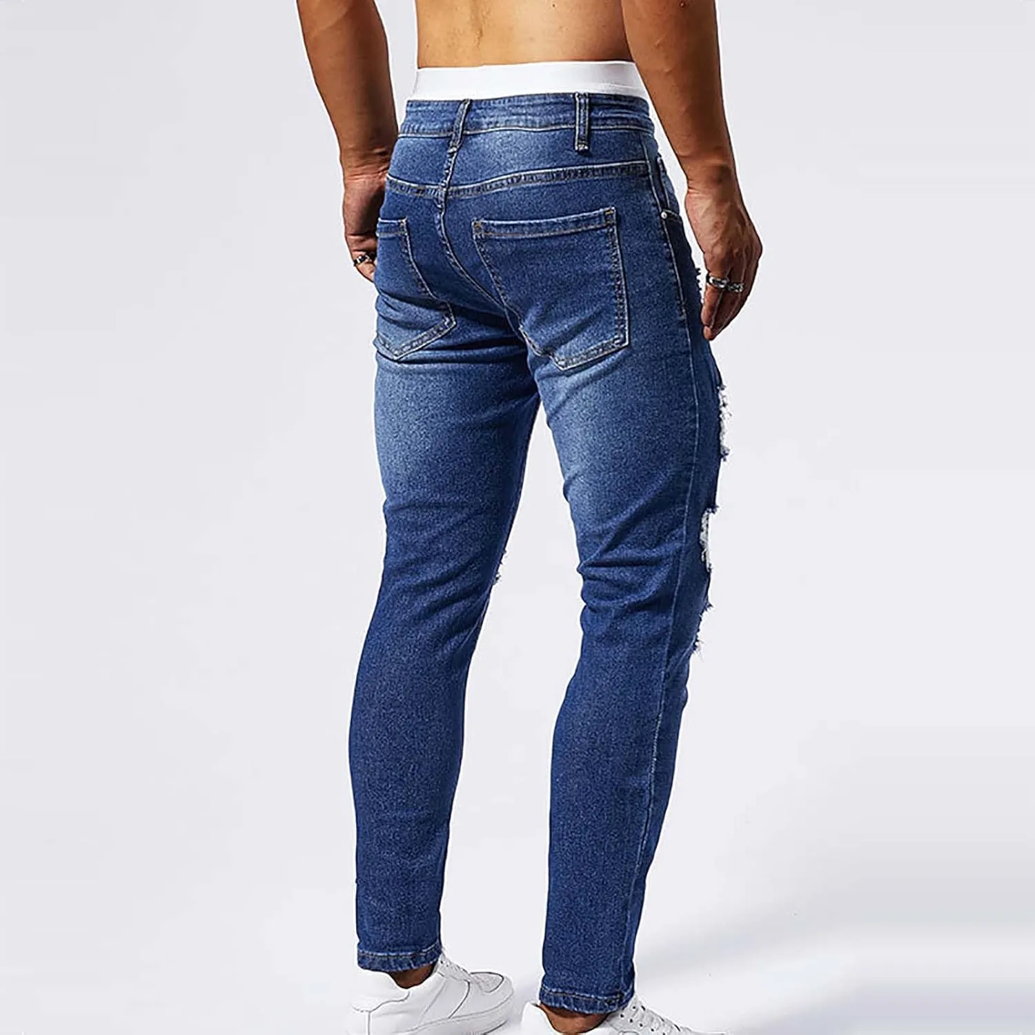 Jeans Pants for Men's 2025 Fashion Solid Color Ripped Denim Cargo Trouser Stretch Slim Fit Comfy Sweatpant