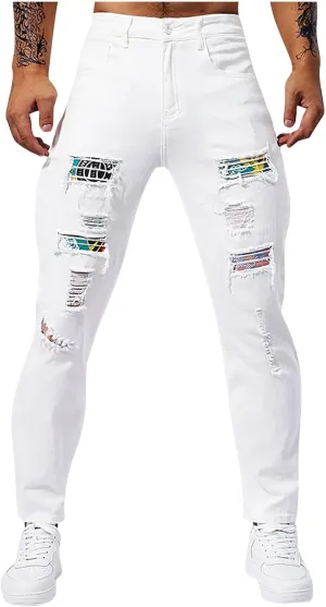 Jeans Pants for Men's 2025 Fashion Solid Color Ripped Denim Cargo Trouser Stretch Slim Fit Comfy Sweatpant