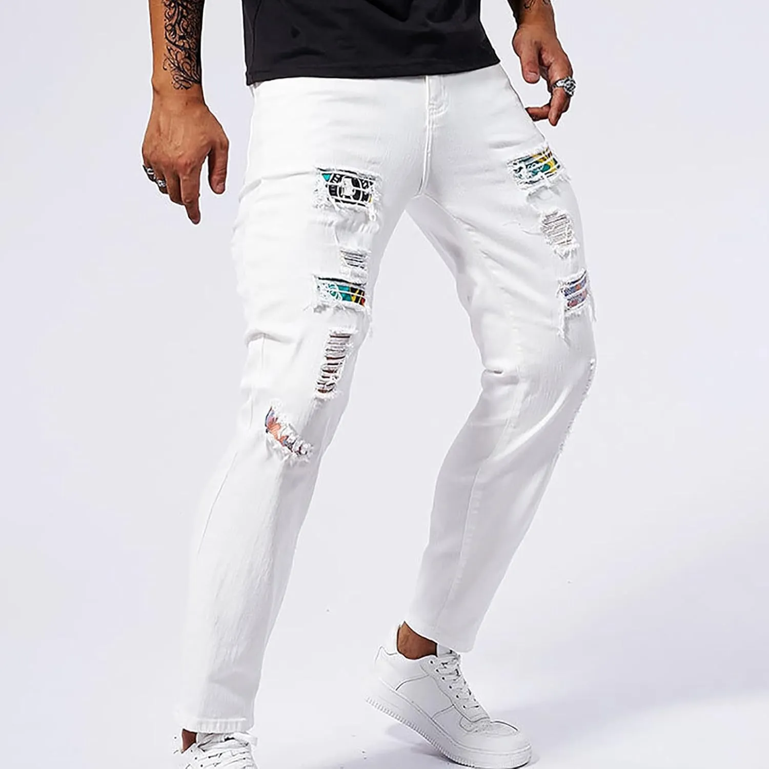 Jeans Pants for Men's 2025 Fashion Solid Color Ripped Denim Cargo Trouser Stretch Slim Fit Comfy Sweatpant
