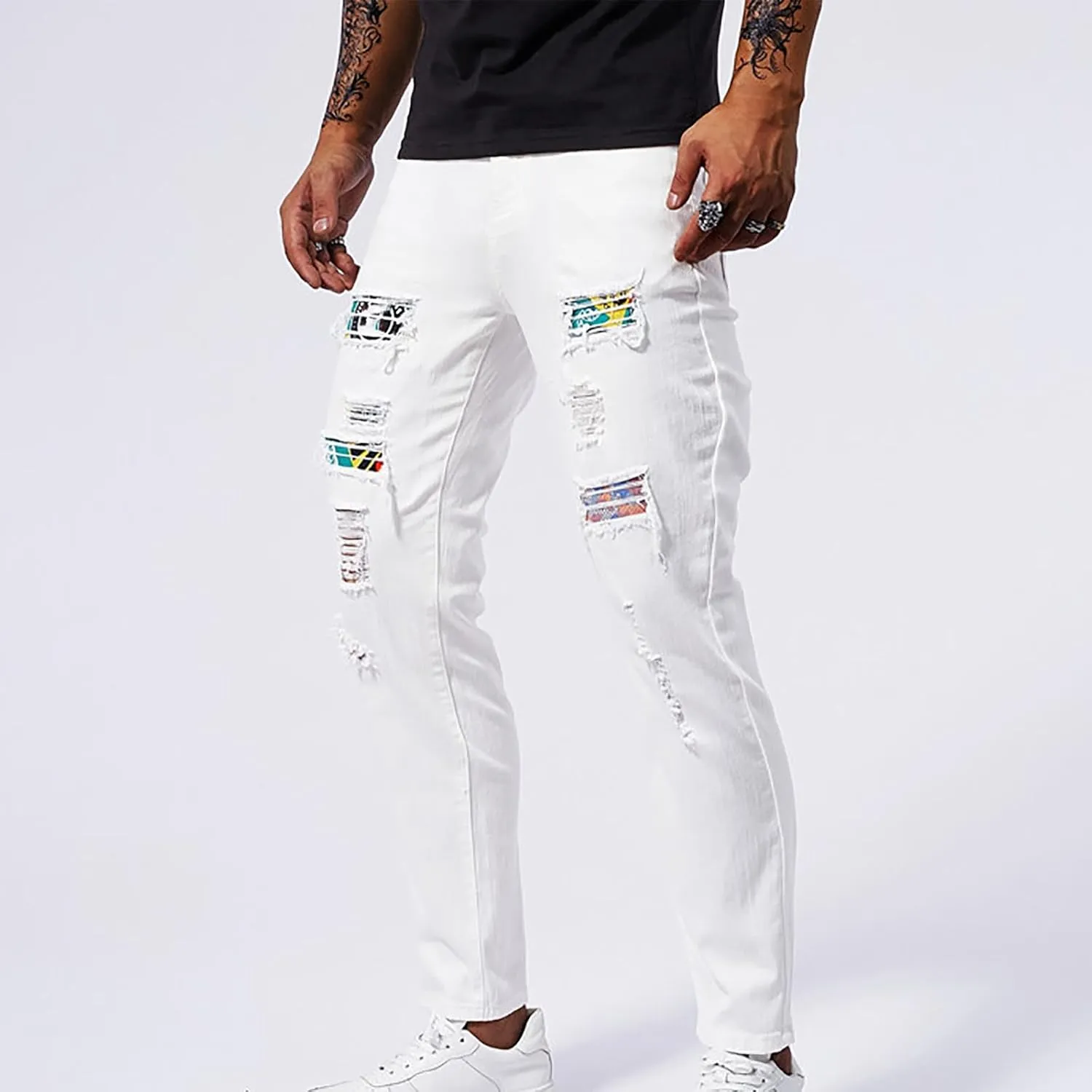 Jeans Pants for Men's 2025 Fashion Solid Color Ripped Denim Cargo Trouser Stretch Slim Fit Comfy Sweatpant