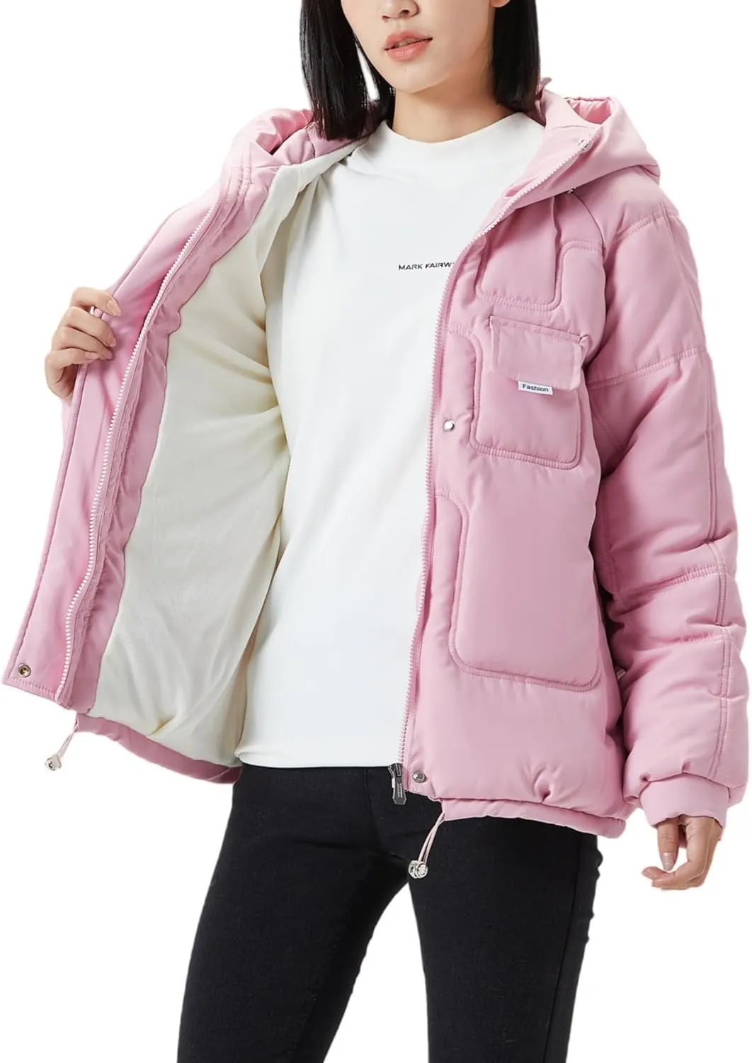 JiangWu Women's Winter Thickened Hooded Cotton Coat Windproof Warm Fleece Jacket