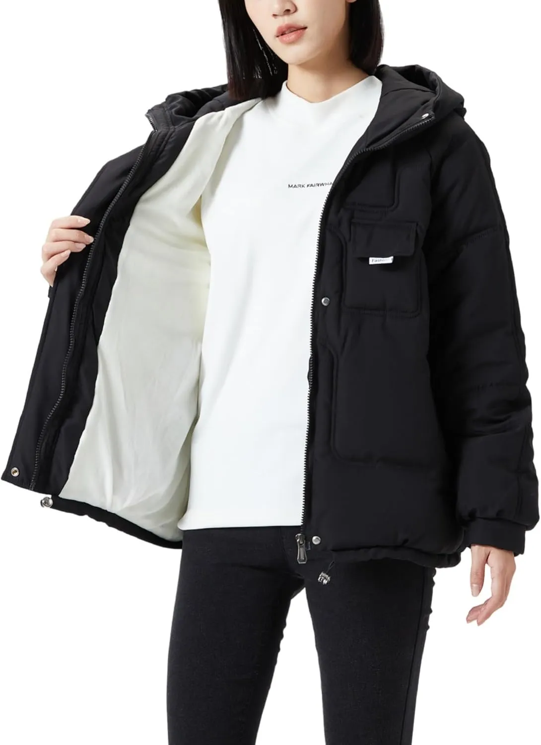 JiangWu Women's Winter Thickened Hooded Cotton Coat Windproof Warm Fleece Jacket