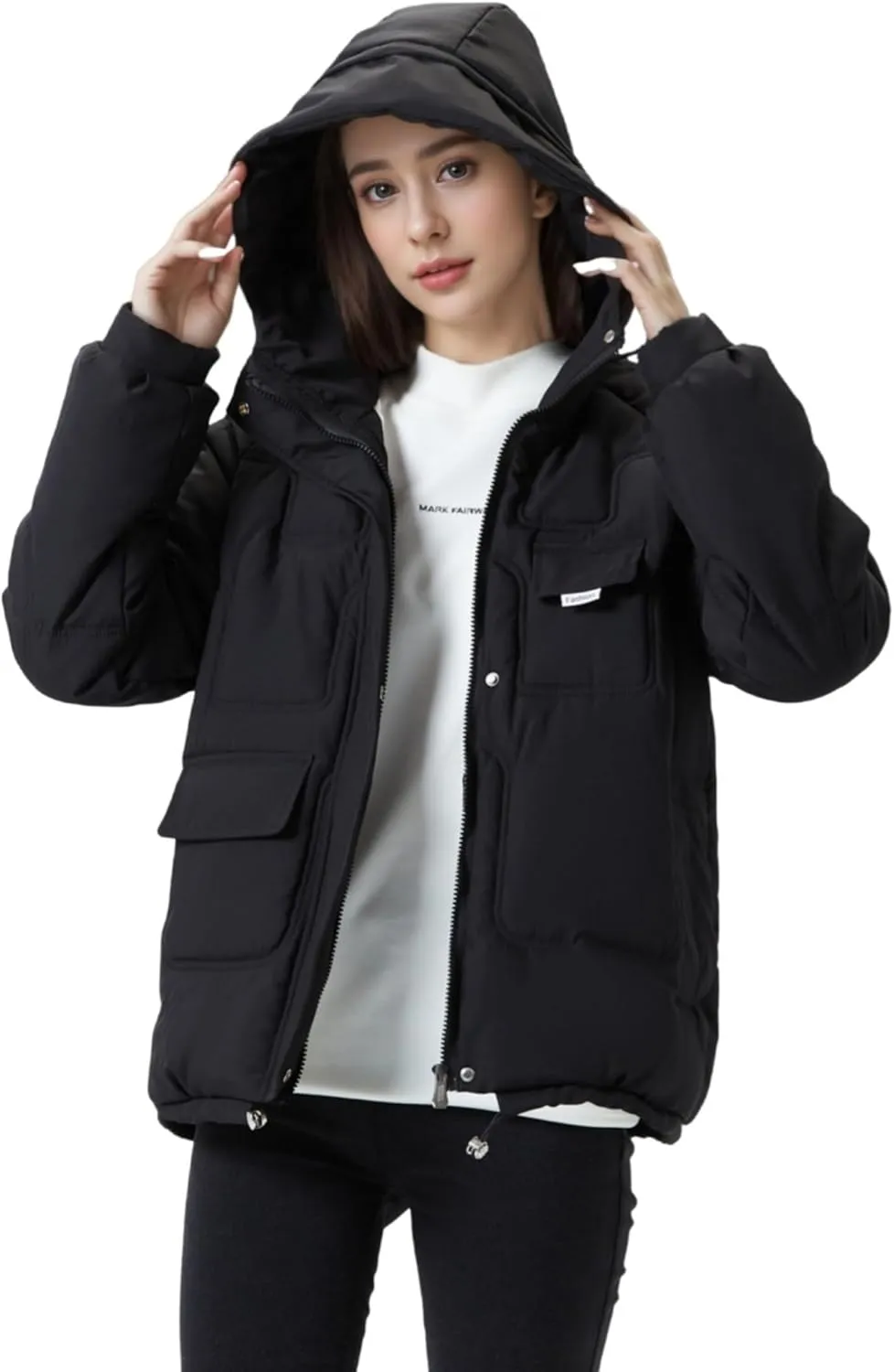 JiangWu Women's Winter Thickened Hooded Cotton Coat Windproof Warm Fleece Jacket