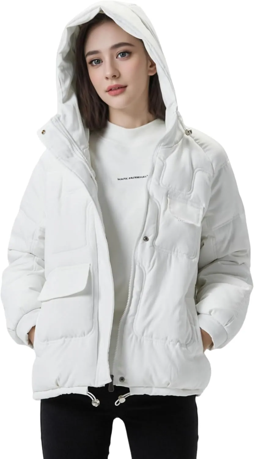 JiangWu Women's Winter Thickened Hooded Cotton Coat Windproof Warm Fleece Jacket