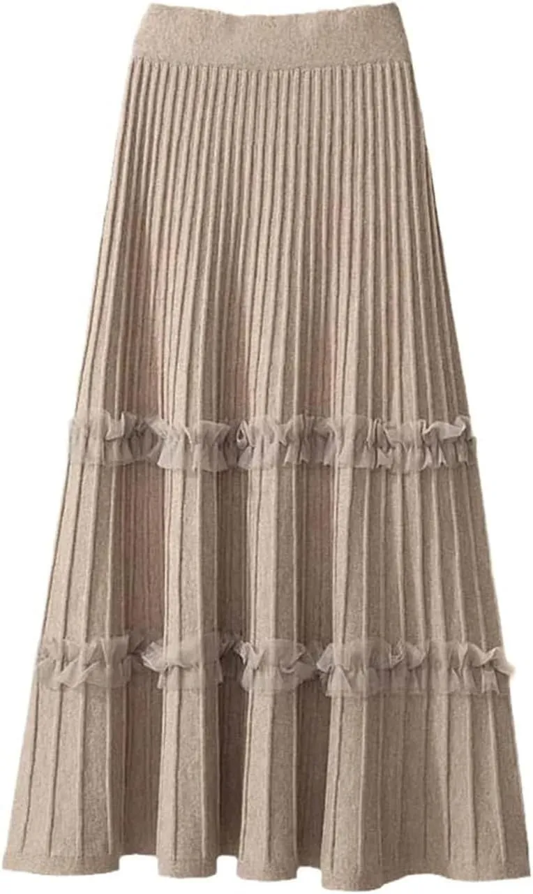 JITEM Women's Lace Patchwork Knitted Pleated Midi Skirt Ladies Elastic High Waist Stitching Loose A Line Skirt, Large, Khika