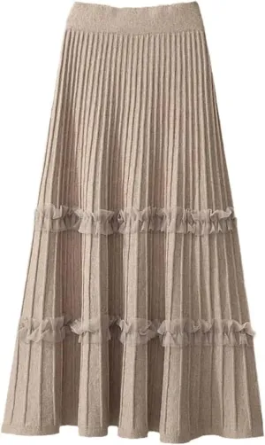 JITEM Women's Lace Patchwork Knitted Pleated Midi Skirt Ladies Elastic High Waist Stitching Loose A Line Skirt, Large, Khika