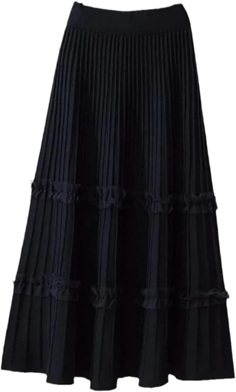 JITEM Women's Lace Patchwork Knitted Pleated Midi Skirt Ladies Elastic High Waist Stitching Loose A Line Skirt