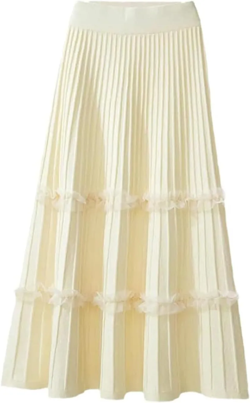 JITEM Women's Lace Patchwork Knitted Pleated Midi Skirt Ladies Elastic High Waist Stitching Loose A Line Skirt
