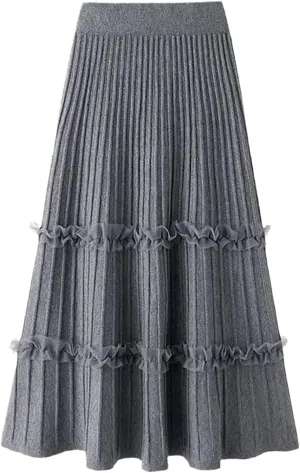 JITEM Women's Lace Patchwork Knitted Pleated Midi Skirt Ladies Elastic High Waist Stitching Loose A Line Skirt