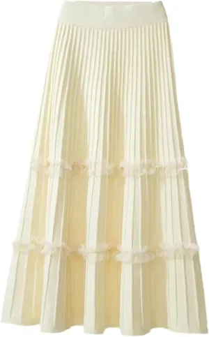 JITEM Women's Lace Patchwork Knitted Pleated Midi Skirt Ladies Elastic High Waist Stitching Loose A Line Skirt