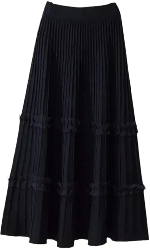 JITEM Women's Lace Patchwork Knitted Pleated Midi Skirt Ladies Elastic High Waist Stitching Loose A Line Skirt