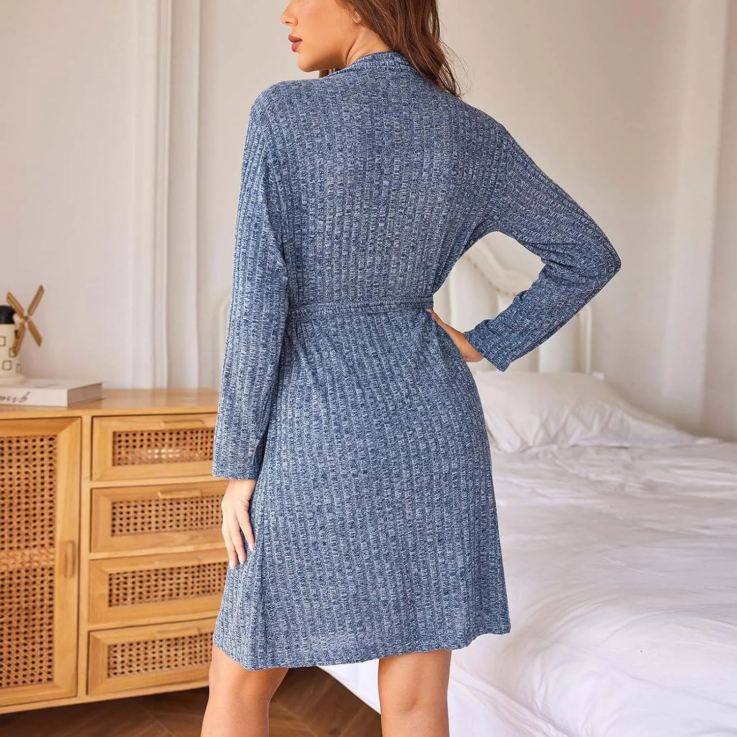 JOAU Robes for Women Knee Length Ribbed Knit Bathrobe Lightweight Kimono Long Sleeve Belted Robe Loungewear with Pockets