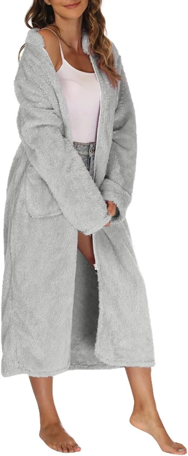 JOAU Women Fleece Plush Zipper Robe Long Sleeve Stand Collar Loungewear Sleepwear Housecoat Nightgown Bathrobe with Pockets