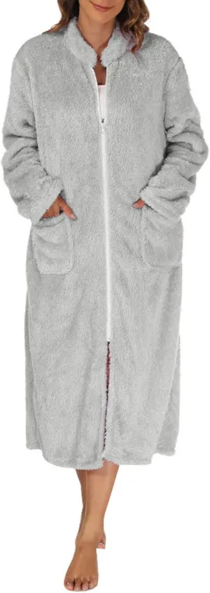 JOAU Women Fleece Plush Zipper Robe Long Sleeve Stand Collar Loungewear Sleepwear Housecoat Nightgown Bathrobe with Pockets