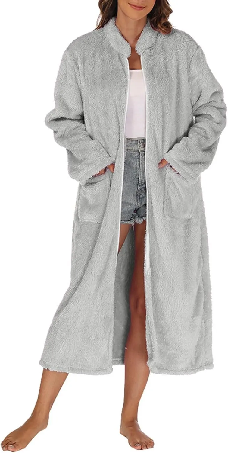 JOAU Women Fleece Plush Zipper Robe Long Sleeve Stand Collar Loungewear Sleepwear Housecoat Nightgown Bathrobe with Pockets