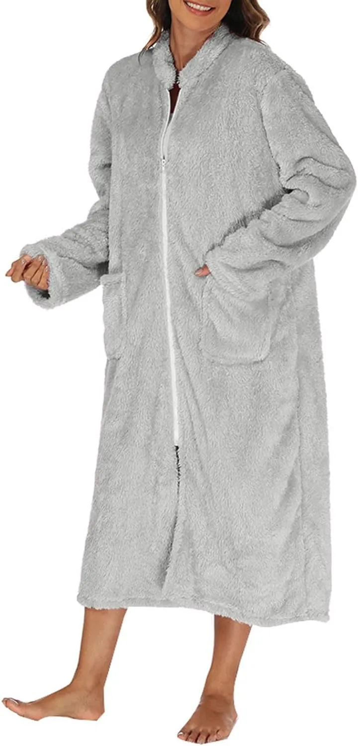 JOAU Women Fleece Plush Zipper Robe Long Sleeve Stand Collar Loungewear Sleepwear Housecoat Nightgown Bathrobe with Pockets