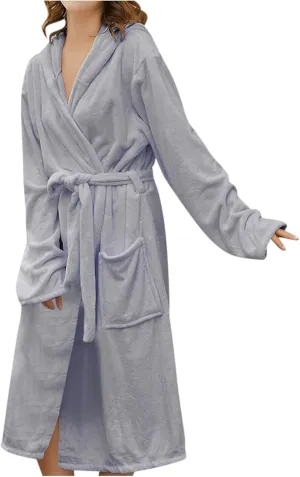 JOAU Women Long Coral Fleece Hooded Bathrobe - Plush Robe Warm Sleepwear Pockets Soft Fluffy Nightgown