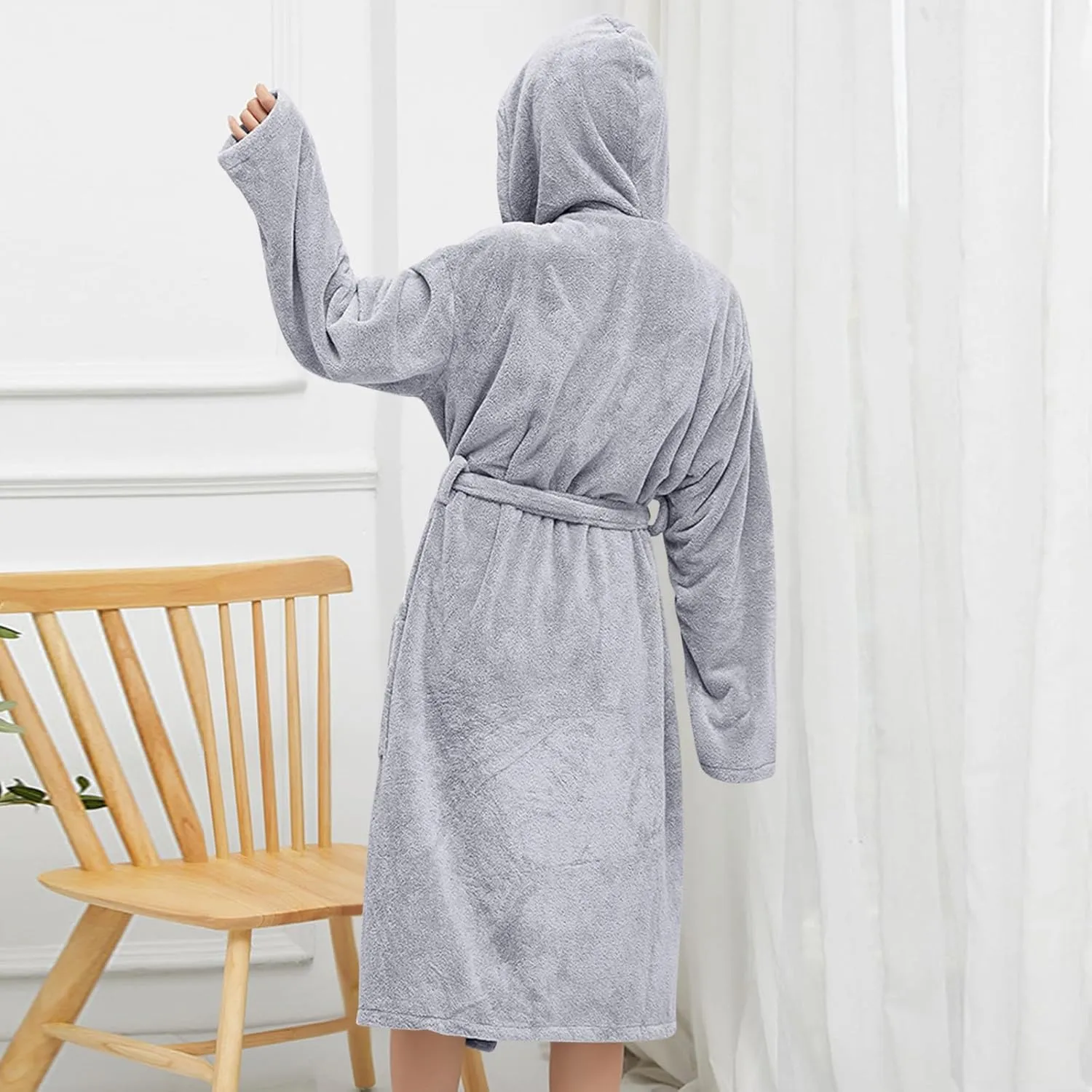 JOAU Women Long Coral Fleece Hooded Bathrobe - Plush Robe Warm Sleepwear Pockets Soft Fluffy Nightgown