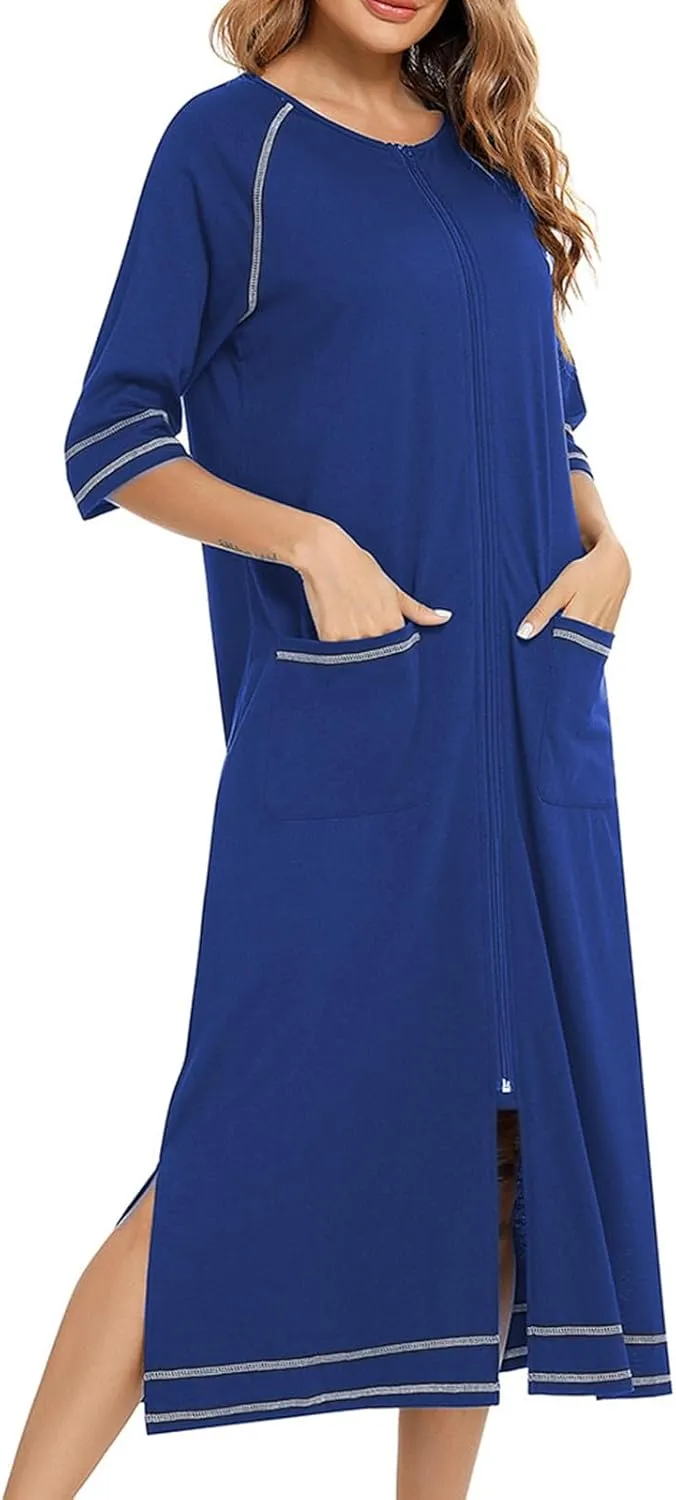 JOAU Women Zipper Robe 3/4 Sleeves Split Hem Loungewear Dress Thin Pregnant Sleepwear Pockets Housecoat Nightgown Bathrobe