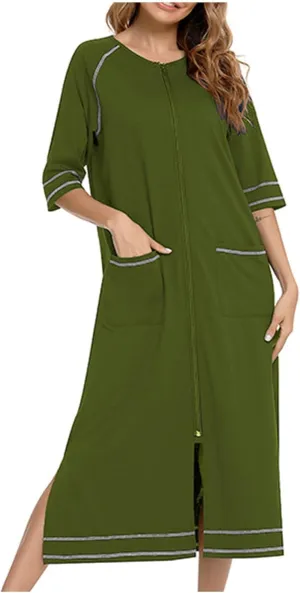 JOAU Women Zipper Robe 3/4 Sleeves Split Hem Loungewear Dress Thin Pregnant Sleepwear Pockets Housecoat Nightgown Bathrobe