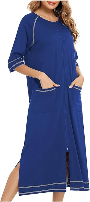 JOAU Women Zipper Robe 3/4 Sleeves Split Hem Loungewear Dress Thin Pregnant Sleepwear Pockets Housecoat Nightgown Bathrobe