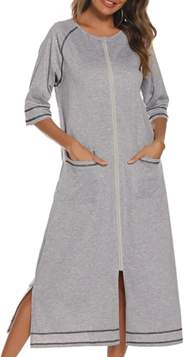 JOAU Women Zipper Robe 3/4 Sleeves Split Hem Loungewear Dress Thin Pregnant Sleepwear Pockets Housecoat Nightgown Bathrobe