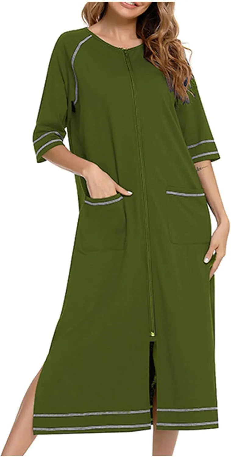 JOAU Women Zipper Robe 3/4 Sleeves Split Hem Loungewear Dress Thin Pregnant Sleepwear Pockets Housecoat Nightgown Bathrobe