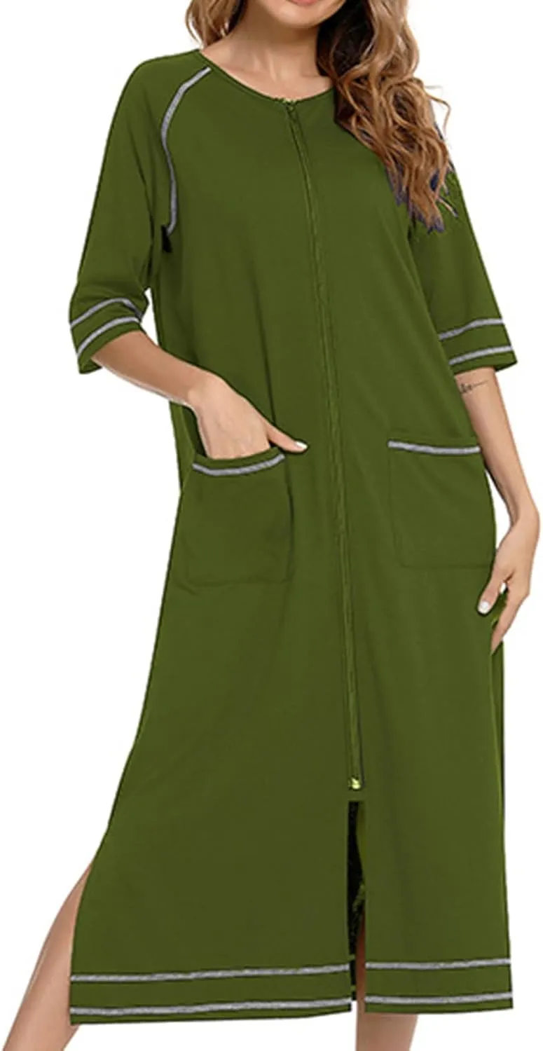 JOAU Women Zipper Robe 3/4 Sleeves Split Hem Loungewear Dress Thin Pregnant Sleepwear Pockets Housecoat Nightgown Bathrobe