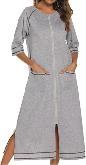 JOAU Women Zipper Robe 3/4 Sleeves Split Hem Loungewear Dress Thin Pregnant Sleepwear Pockets Housecoat Nightgown Bathrobe