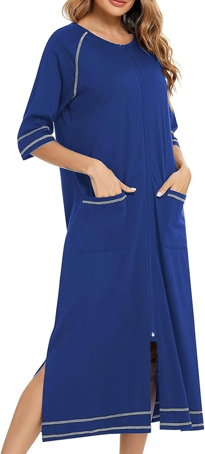 JOAU Women Zipper Robe 3/4 Sleeves Split Hem Loungewear Dress Thin Pregnant Sleepwear Pockets Housecoat Nightgown Bathrobe