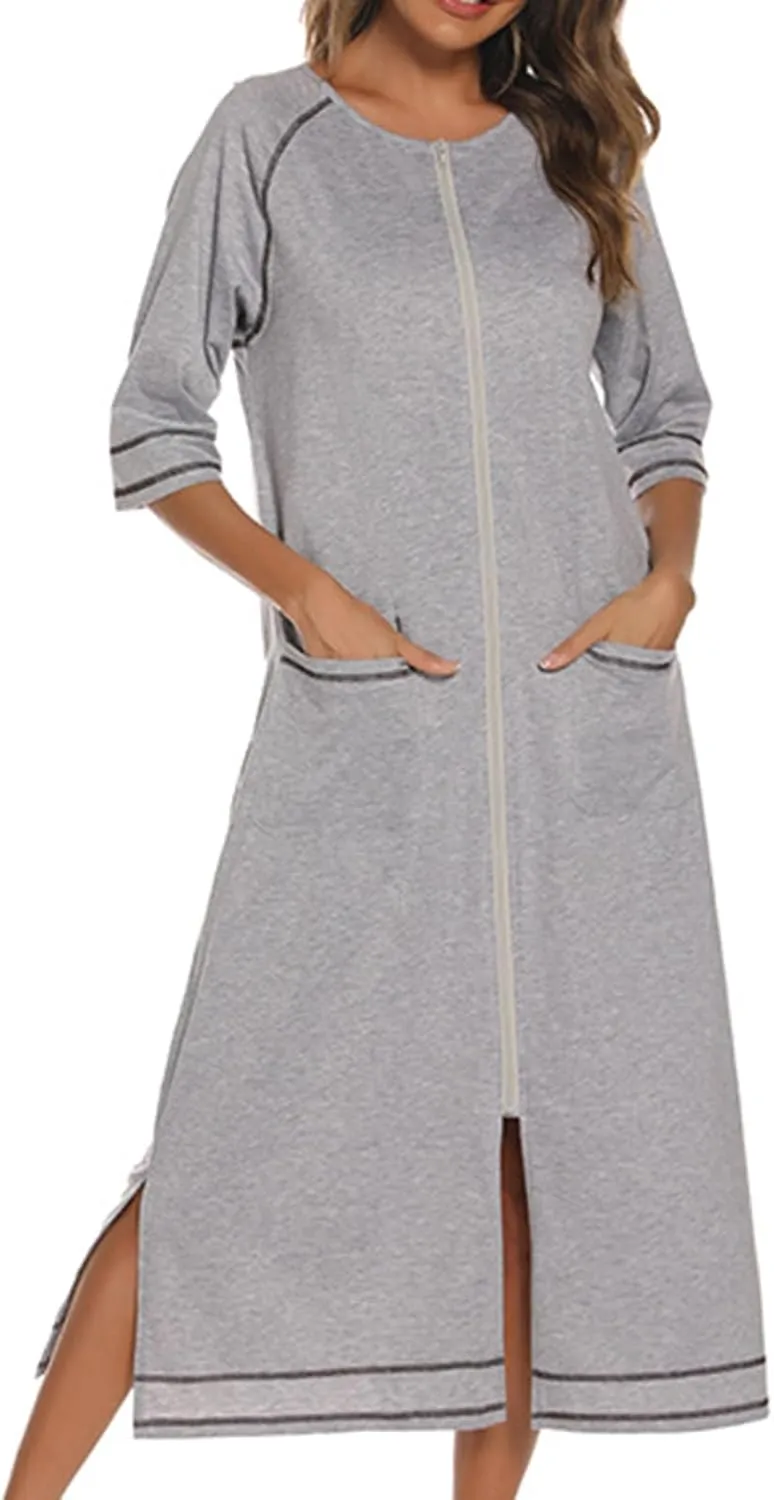 JOAU Women Zipper Robe 3/4 Sleeves Split Hem Loungewear Dress Thin Pregnant Sleepwear Pockets Housecoat Nightgown Bathrobe