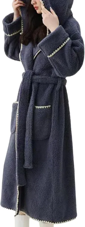 JOAU Women's Hooded Fleece Robe, Soft Long Plush Belted Bathrobe Lounge Winter Warm Fuzzy Spa Robes Nightgowns with Pockets