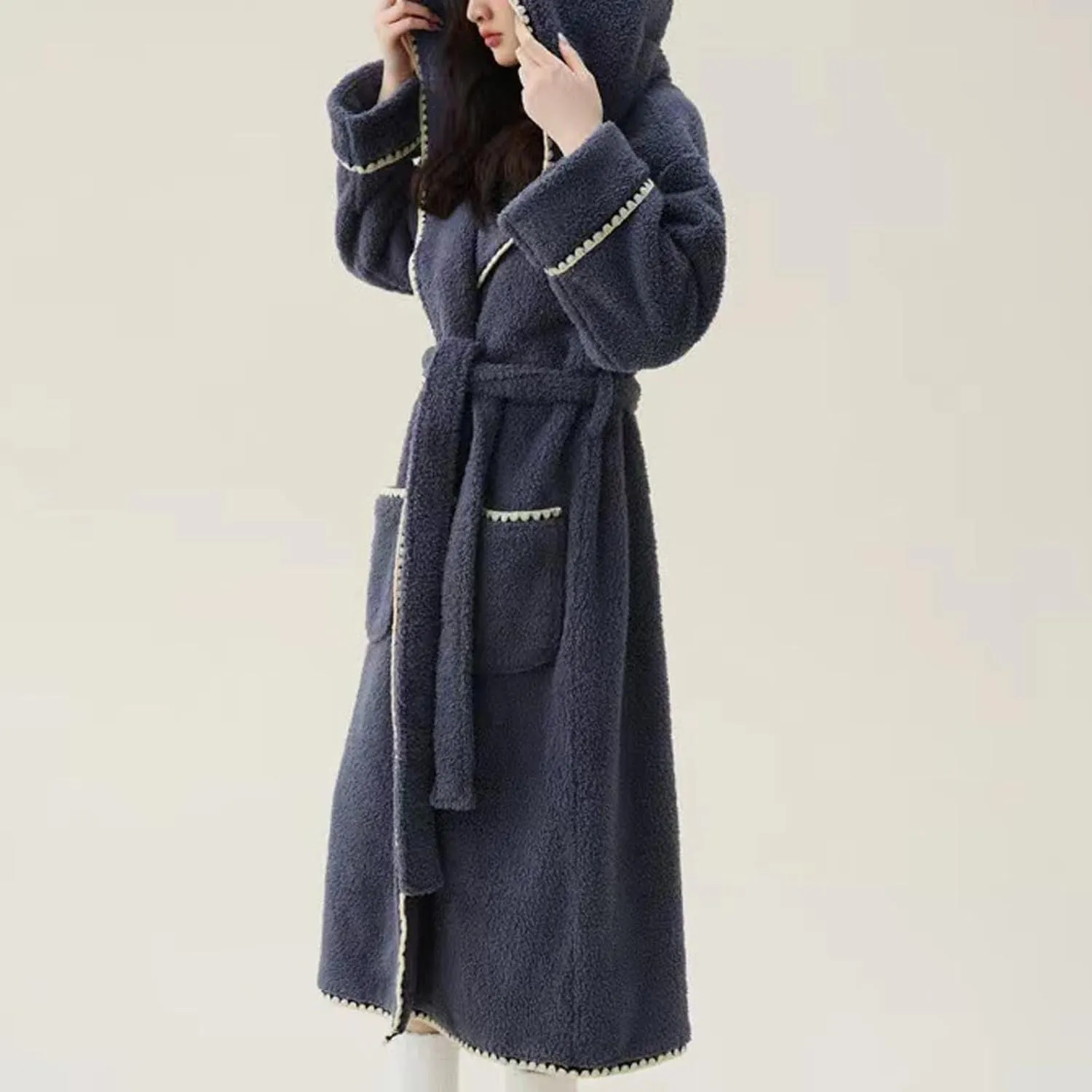 JOAU Women's Hooded Fleece Robe, Soft Long Plush Belted Bathrobe Lounge Winter Warm Fuzzy Spa Robes Nightgowns with Pockets