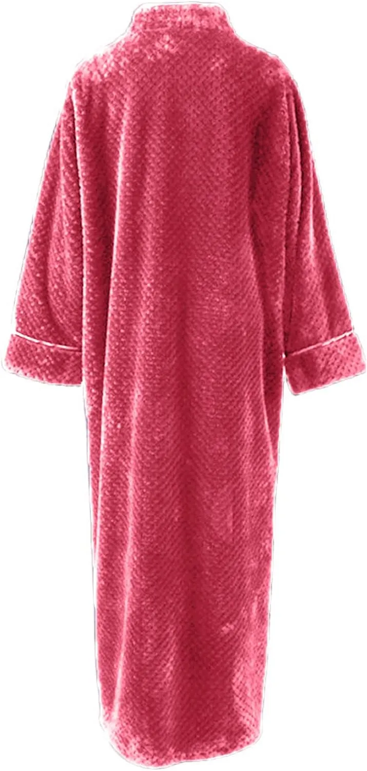 JOAU Womens Plush Long Robe, Stand Collar Warm Comfy Fluffy Bathrobe V Neck Zipper Long Sleeve Fleece Winter Robes Housecoat