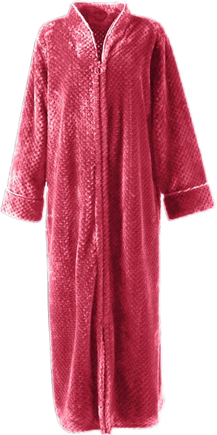 JOAU Womens Plush Long Robe, Stand Collar Warm Comfy Fluffy Bathrobe V Neck Zipper Long Sleeve Fleece Winter Robes Housecoat