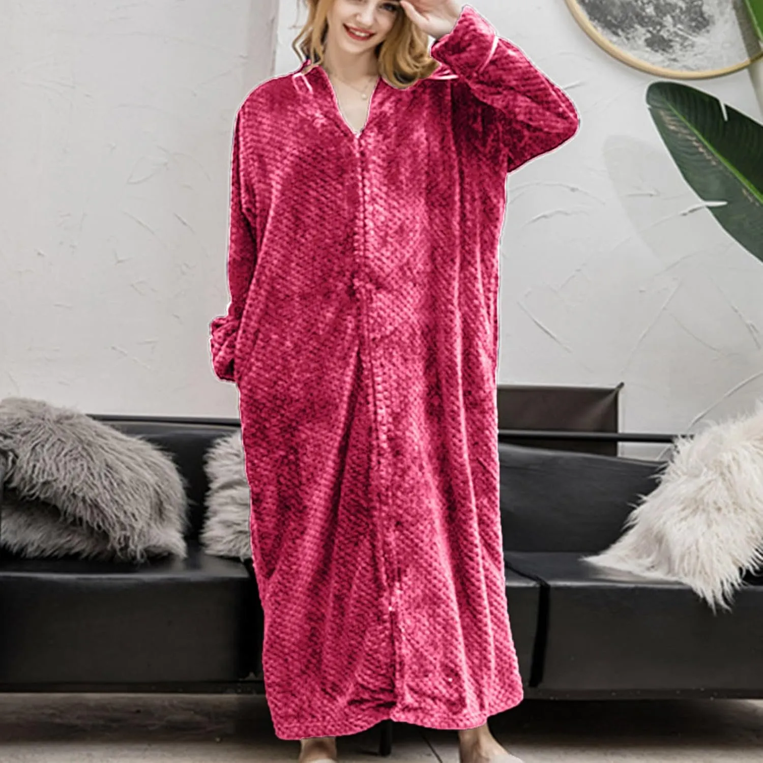 JOAU Womens Plush Long Robe, Stand Collar Warm Comfy Fluffy Bathrobe V Neck Zipper Long Sleeve Fleece Winter Robes Housecoat