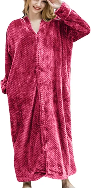 JOAU Womens Plush Long Robe, Stand Collar Warm Comfy Fluffy Bathrobe V Neck Zipper Long Sleeve Fleece Winter Robes Housecoat