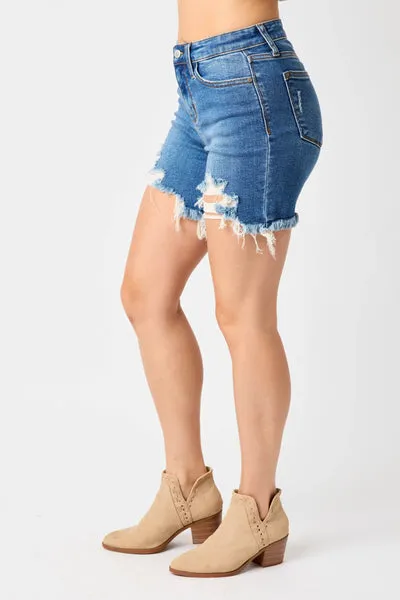 Judy Blue Mid Rise Destroy Fray Hem Denim Short 15280 (curvy and reg)