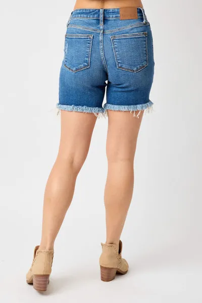 Judy Blue Mid Rise Destroy Fray Hem Denim Short 15280 (curvy and reg)