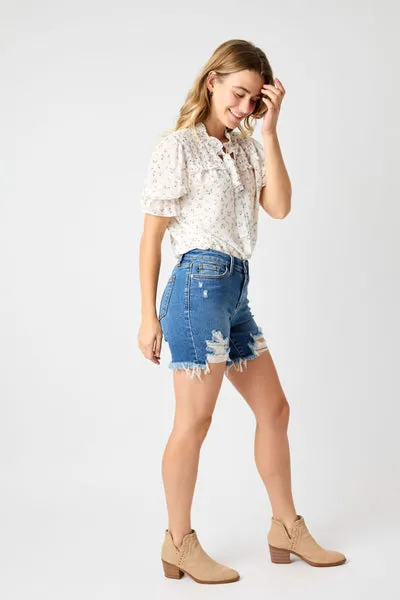 Judy Blue Mid Rise Destroy Fray Hem Denim Short 15280 (curvy and reg)