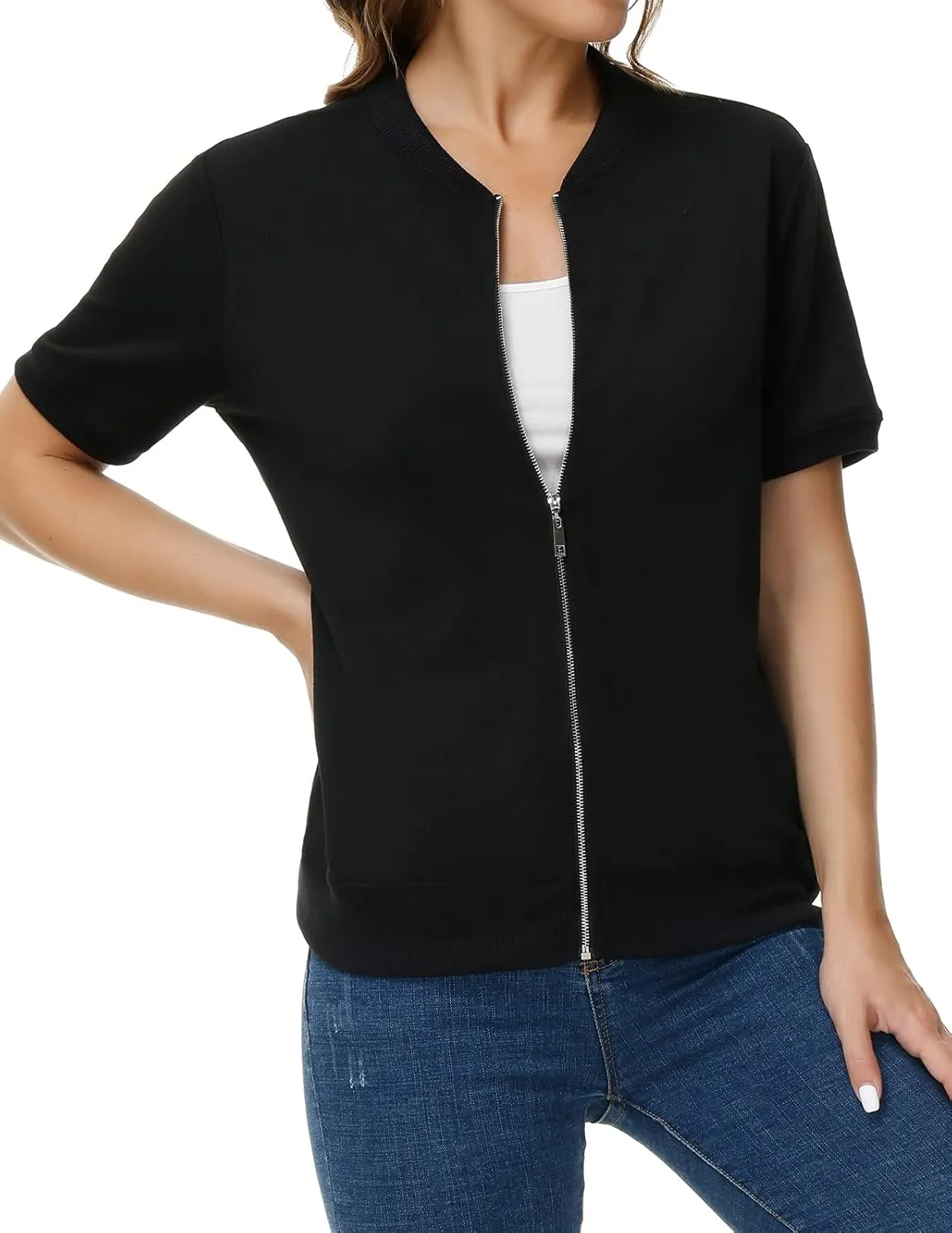 KANCY KOLE Womens Short Sleeve Jackets Casual Zip Up Sweatshirt Jackets with Pockets Summer Lightweight Coat Tops