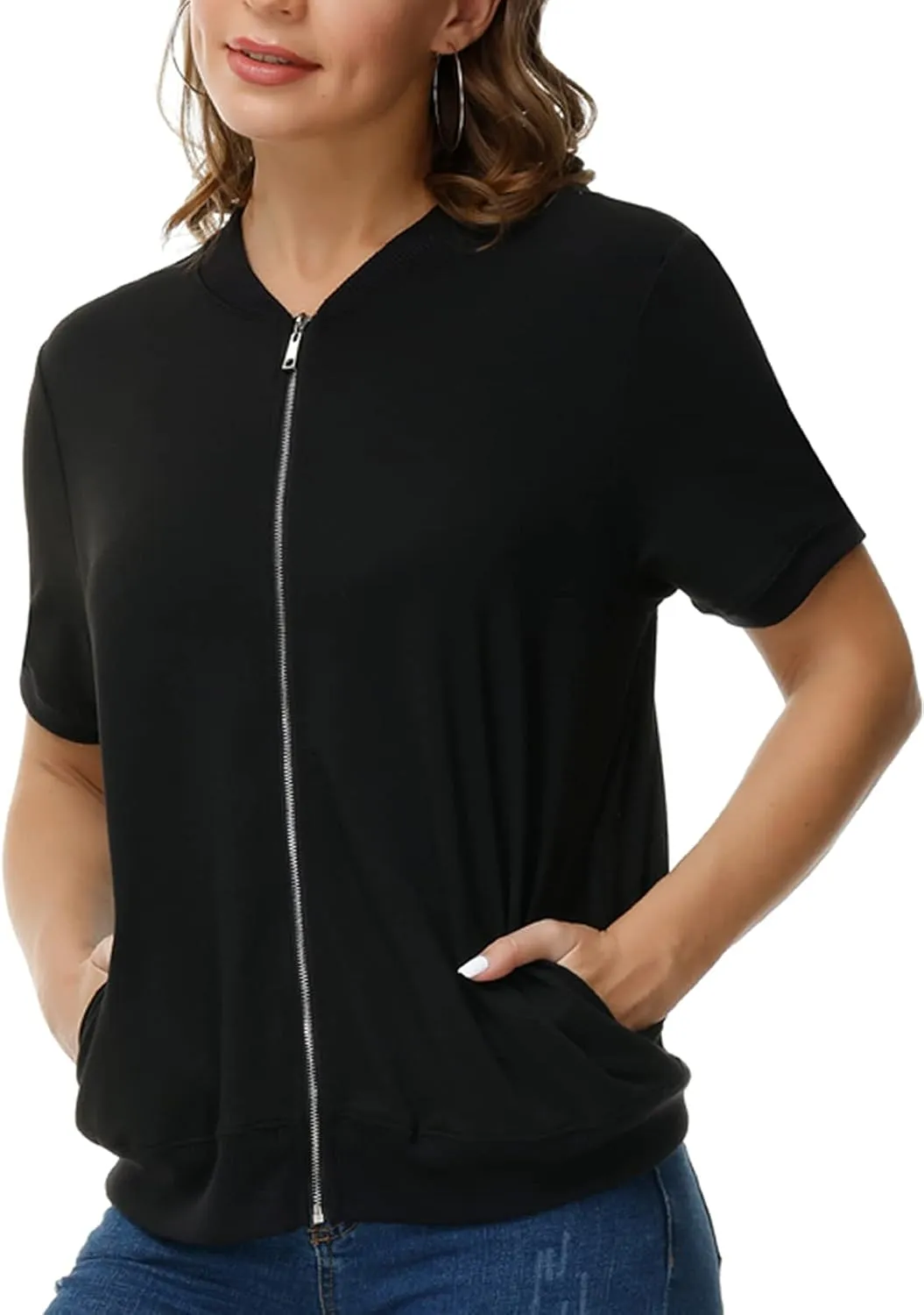 KANCY KOLE Womens Short Sleeve Jackets Casual Zip Up Sweatshirt Jackets with Pockets Summer Lightweight Coat Tops