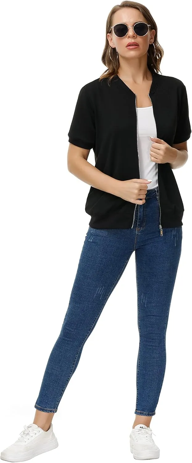KANCY KOLE Womens Short Sleeve Jackets Casual Zip Up Sweatshirt Jackets with Pockets Summer Lightweight Coat Tops